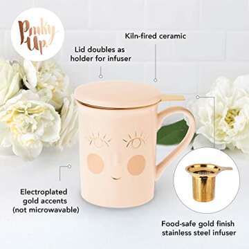 Pinky Up Annette Ceramic Tea Mug and Loose Leaf Tea Infuser, Loose Leaf Tea Accessories, Tea Tumbler...