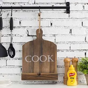 MyGift Cutting Board Brown Wood Cookbook Holder, Paddle Shaped iPad Tablet Easel Holder, Book Recipe...