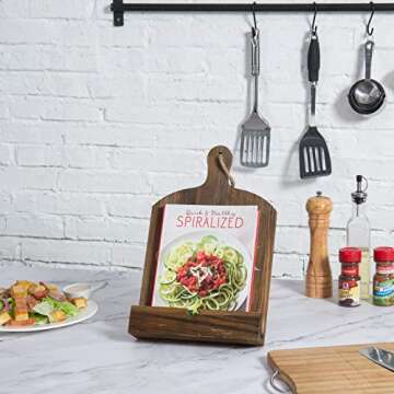 MyGift Cutting Board Brown Wood Cookbook Holder, Paddle Shaped iPad Tablet Easel Holder, Book Recipe Binder Stand with Kickstand and Cook Text Design