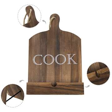 MyGift Cutting Board Brown Wood Cookbook Holder, Paddle Shaped iPad Tablet Easel Holder, Book Recipe Binder Stand with Kickstand and Cook Text Design