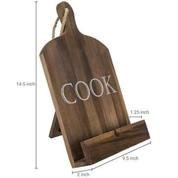 MyGift Cutting Board Brown Wood Cookbook Holder, Paddle Shaped iPad Tablet Easel Holder, Book Recipe Binder Stand with Kickstand and Cook Text Design