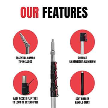 Telescopic Extension Pole - Multi-Purpose Pole, Paint Roller, Light Bulb Changer, Duster Pole, Antenna Pole, Hanging Lights, Gutter Cleaning - New Metal Tip Design - Free Duster Incl (6-24 Foot)