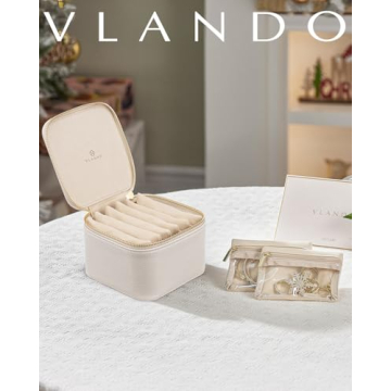 Vlando Small Jewelry Box Organizer,Travel Jewelry Storage with 6 Velvet Jewelry Zipper Pockets,Travel Jewelry Case Christmas Gifts Birthday Gifts for Women Girls (White)