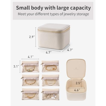 Vlando Small Jewelry Box Organizer,Travel Jewelry Storage with 6 Velvet Jewelry Zipper Pockets,Travel Jewelry Case Christmas Gifts Birthday Gifts for Women Girls (White)
