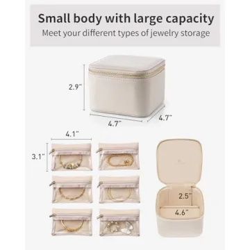 Vlando Small Jewelry Box Organizer,Travel Jewelry Storage with 6 Velvet Jewelry Zipper Pockets,Travel Jewelry Case Christmas Gifts Birthday Gifts for Women Girls (White)