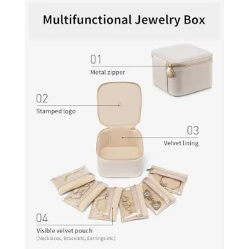 Vlando Small Jewelry Box Organizer,Travel Jewelry Storage with 6 Velvet Jewelry Zipper Pockets,Travel Jewelry Case Christmas Gifts Birthday Gifts for Women Girls (White)