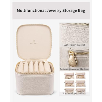 Vlando Small Jewelry Box Organizer,Travel Jewelry Storage with 6 Velvet Jewelry Zipper Pockets,Travel Jewelry Case Christmas Gifts Birthday Gifts for Women Girls (White)