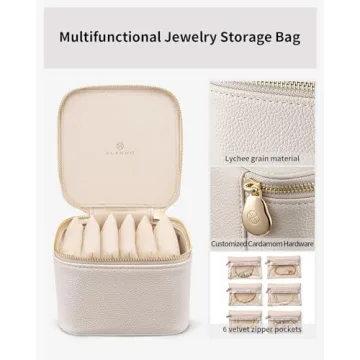 Vlando Small Jewelry Box Organizer,Travel Jewelry Storage with 6 Velvet Jewelry Zipper Pockets,Travel Jewelry Case Christmas Gifts Birthday Gifts for Women Girls (White)