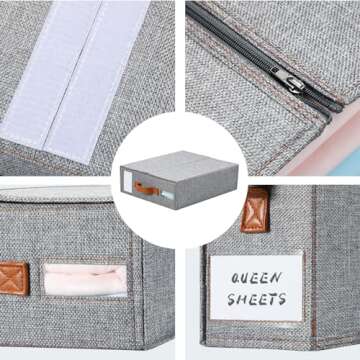 Yecaye 4 Pack Bed Sheet Organizer, Foldable Linen Closet Organizers and Storage, Sheets Set Organizer (Queen & King Size) with Window, Bedding Storage Box for Bedsheets, Duvet Covers and Pillow