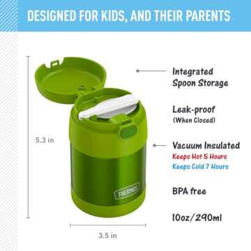 THERMOS FUNTAINER Insulated Food Jar, 10 Ounce, Kid Friendly Food Jar with Foldable Spoon, Lime