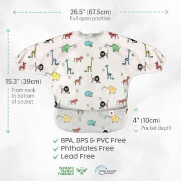 San Francisco Baby Long Sleeve Bib – Waterproof Baby Feeding Smock, Full Coverage Bib with Sleeves, Mess-Proof Baby Food Bib, Lightweight Baby Apron for Feeding – Animal Print Design