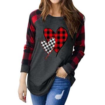 MHTOR Valentine's Day Shirt Women Buffalo Plaid Love Heart Graphic Tees Letter Print Long Sleeve Top...