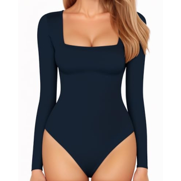 MANGOPOP Women's Bodysuit Square Neck Long Sleeve Slim Fitted Tops (Deep Blue, X-Large)