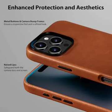 Belemay Compatible with iPhone 16 Pro Leather Case, Compatible with MagSafe, Premium Full-Grain Vegetable-Tanned Smooth Leather, Metal Buttons & Camera Bump Frame, Luxury Cover (6.3") Saddle Brown