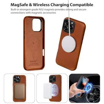 Belemay Compatible with iPhone 16 Pro Leather Case, Compatible with MagSafe, Premium Full-Grain Vegetable-Tanned Smooth Leather, Metal Buttons & Camera Bump Frame, Luxury Cover (6.3") Saddle Brown