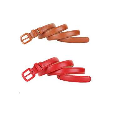 Tronjori Women’s Leather Belts - Adjustable Skinny Belts for Jeans and Pants, 2pcs (L,Brown Red)