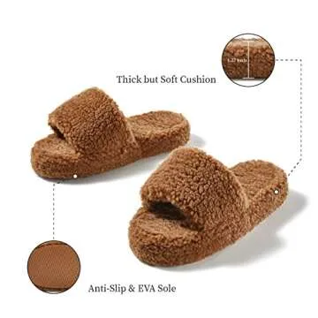 posee Fuzzy Memory Foam Slippers for Women, Fluffy Open Toe Slippers Curly Fur Cozy Flat Spa Slide Slippers Comfy Soft Non-Slip House Shoes Indoor and Outdoor, Warm Gift