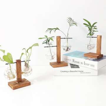 WUWEOT 3 Pack Bulb Vase, Desktop Plant Terrarium with Retro Wooden Stand, Air Planter Glass Planter for Hydroponics Plants Home Garden Office Wedding Decor (5 Bulb Vase)