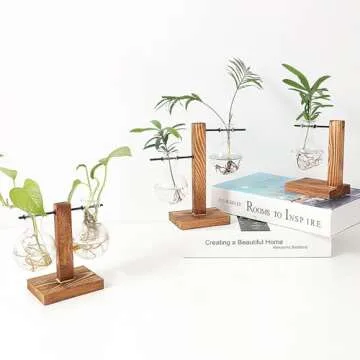 WUWEOT 3 Pack Bulb Vase, Desktop Plant Terrarium with Retro Wooden Stand, Air Planter Glass Planter for Hydroponics Plants Home Garden Office Wedding Decor (5 Bulb Vase)