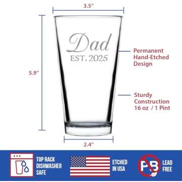 Dad Est 2025 New Father Pint Glass Gift for Dads