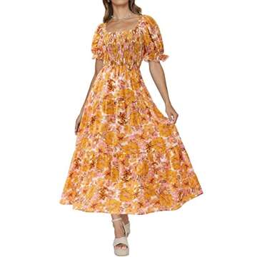 PRETTYGARDEN Women Casual Short Sleeve Square Neck Summer Dress Bohemian Floral Flowy Maxi Dresses Tiered Smocked Dress (Big Floral White and Yellow,Small)