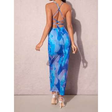 Milumia Women's Tie Dye Ruffle Trim Backless Long Cami Dress Elegant Sleeveless Bodycon Maxi Dresses Blue Small