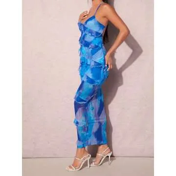 Milumia Women's Tie Dye Ruffle Trim Backless Long Cami Dress Elegant Sleeveless Bodycon Maxi Dresses Blue Small
