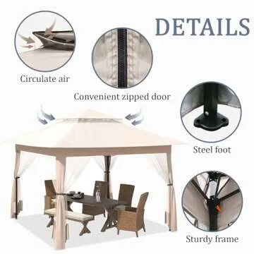 yoyomax 13X13 Outdoor Pop Up Gazebo with Netting, Portable Gazebo Waterproof Patio Canopy Shelter with Double Roof Tops and 169 Square Feet of Shade for Beach Parties, Camping and Picnics - Khaki