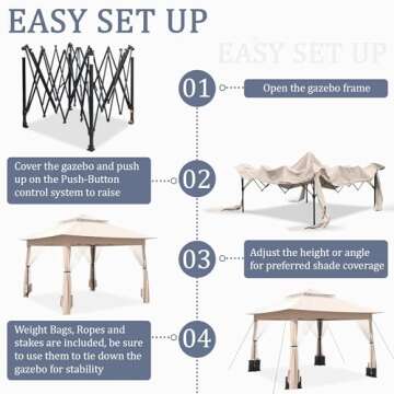 yoyomax 13X13 Outdoor Pop Up Gazebo with Netting, Portable Gazebo Waterproof Patio Canopy Shelter with Double Roof Tops and 169 Square Feet of Shade for Beach Parties, Camping and Picnics - Khaki