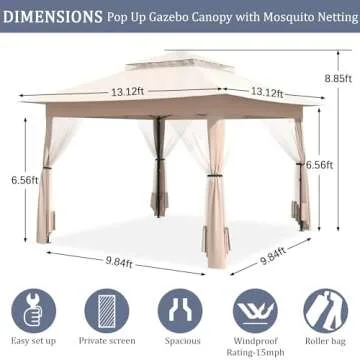 yoyomax 13X13 Outdoor Pop Up Gazebo with Netting, Portable Gazebo Waterproof Patio Canopy Shelter with Double Roof Tops and 169 Square Feet of Shade for Beach Parties, Camping and Picnics - Khaki