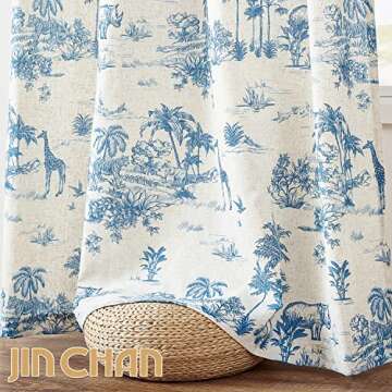 jinchan Linen Toile Curtains 96 Inches Long for Living Room Toile de Jouy Printed Farmhouse French Country Curtains Grommet Top Light Filtering Window Drapes for Bedroom 2 Panels Blue on Beige