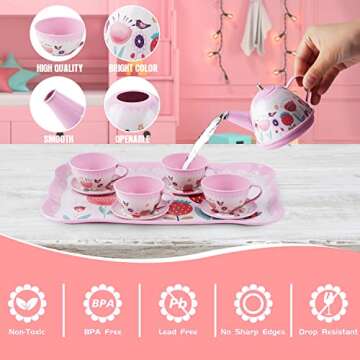 USUGER Tea Party Set for Little Girls, Kids Toy Tin Tea Set & Food Sweet Treats Playset & Dress Up C...