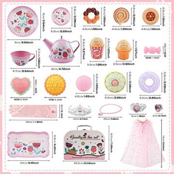 USUGER Tea Party Set for Little Girls, Kids Toy Tin Tea Set & Food Sweet Treats Playset & Dress Up Cape Set Jewelry Set & Carry Case, Princess Tea Time Kitchen Pretend Play Toy Gift for Girls Age 3-6