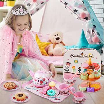 USUGER Tea Party Set for Little Girls, Kids Toy Tin Tea Set & Food Sweet Treats Playset & Dress Up Cape Set Jewelry Set & Carry Case, Princess Tea Time Kitchen Pretend Play Toy Gift for Girls Age 3-6
