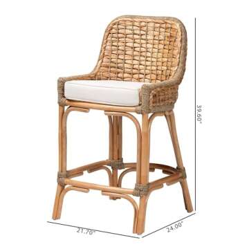 Baxton Studio Kyle Modern Bohemian Natural Brown Woven Rattan Counter Stool with Cushion