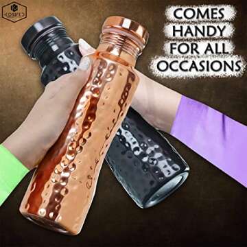KOSVED Pure Copper Jasmine Antique Hammered Water Bottle: A Premium Design Bottle with Ayurvedic Health Benefits, Leak Proof and Durable Copper Water Bottle for drinking (800ml / 27oz)