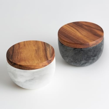 JALZ Natural Marble Salt and Pepper Bowls Set with Wood Lid - Elegant Kitchen Accessory