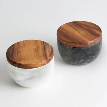 JALZ Natural Marble Salt and Pepper Bowls Set with Wood Lid - Elegant Kitchen Accessory