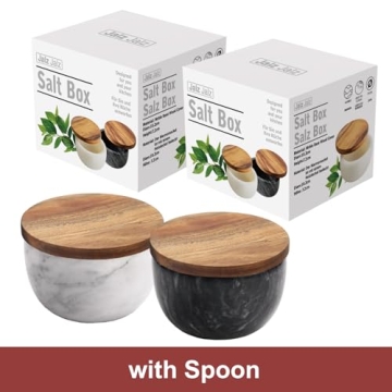 JALZ Marble Salt Box Set with Wooden Lid & Spoon