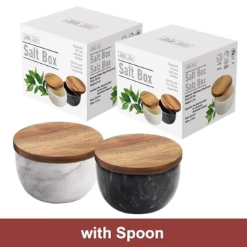 JALZ Marble Salt Box Set with Wooden Lid & Spoon