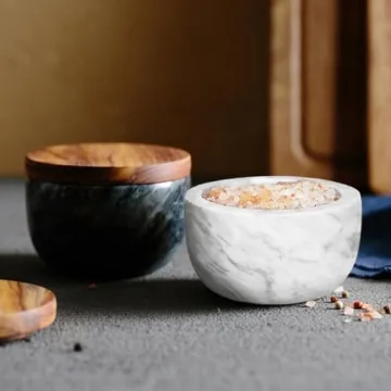 JALZ Marble Salt Box Set with Wooden Lid & Spoon