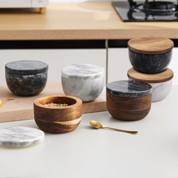 JALZ Marble Salt Box Set with Wooden Lid & Spoon