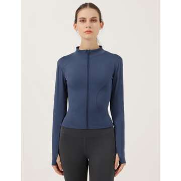Gacaky Women's Slim Fit Lightweight Athletic Full Zip Stretchy Workout Running Track Jacket with Thumb Holes Dark Blue M