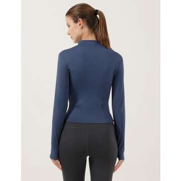 Gacaky Women's Slim Fit Lightweight Athletic Full Zip Stretchy Workout Running Track Jacket with Thumb Holes Dark Blue M