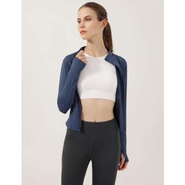 Gacaky Women's Slim Fit Lightweight Athletic Full Zip Stretchy Workout Running Track Jacket with Thumb Holes Dark Blue M