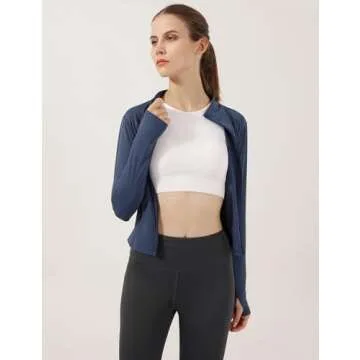 Gacaky Women's Slim Fit Lightweight Athletic Full Zip Stretchy Workout Running Track Jacket with Thumb Holes Dark Blue M