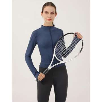 Gacaky Women's Slim Fit Lightweight Athletic Full Zip Stretchy Workout Running Track Jacket with Thumb Holes Dark Blue M