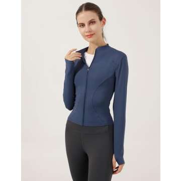 Gacaky Women's Slim Fit Lightweight Athletic Full Zip Stretchy Workout Running Track Jacket with Thumb Holes Dark Blue M