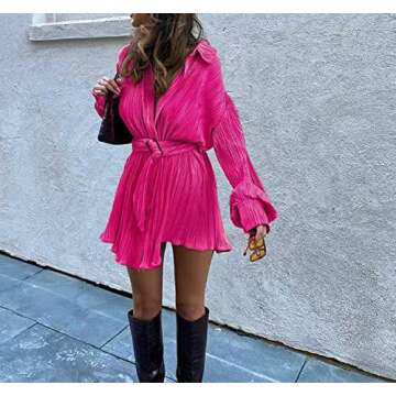 Argeousgor Women Long Sleeve V Neck Short Dresses Button Down Mini Blouse Dress Solid Elegant Shirts Dress Party Clubwear