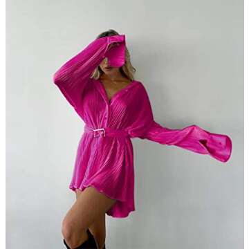 Argeousgor Women Long Sleeve V Neck Short Dresses Button Down Mini Blouse Dress Solid Elegant Shirts Dress Party Clubwear